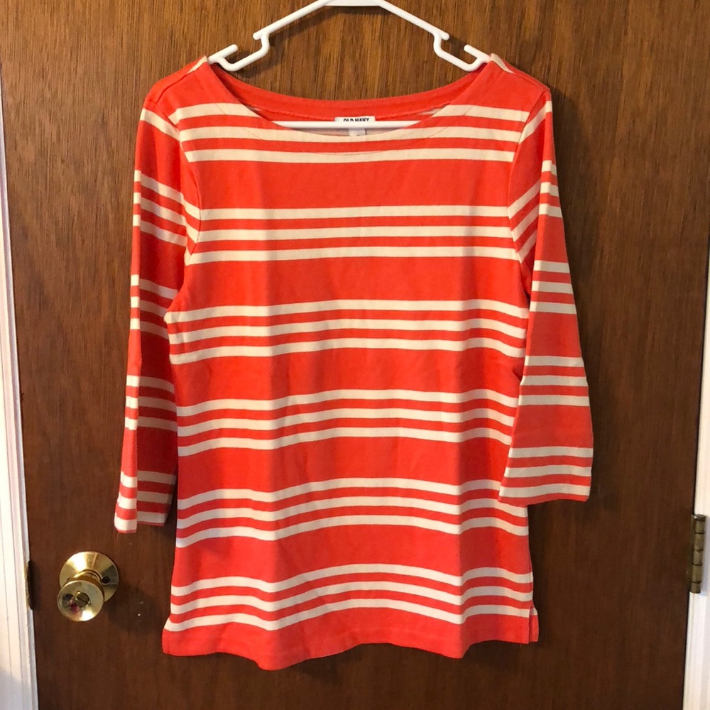 Coral striped boat neck sweater